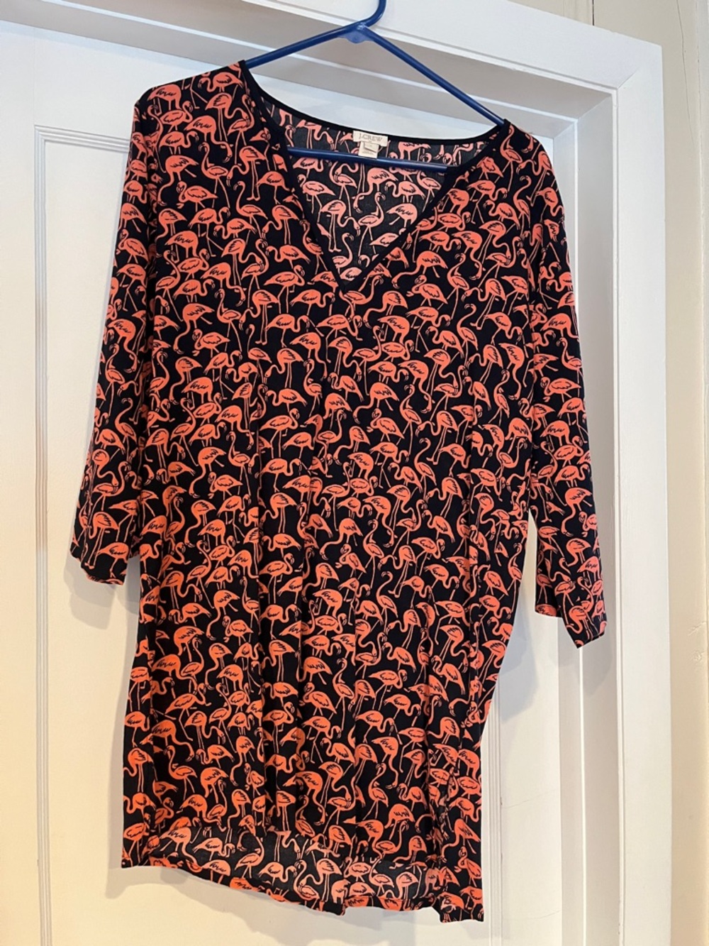 J. Crew Navy Beach  Dress with Coral Flamingo Print, V-Neck